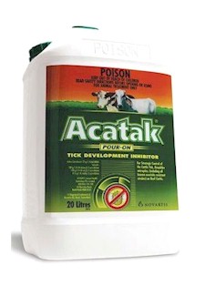 Envase actual de 20 litros de ACATAK, con esencialmente la misma etiqueta que en 1994